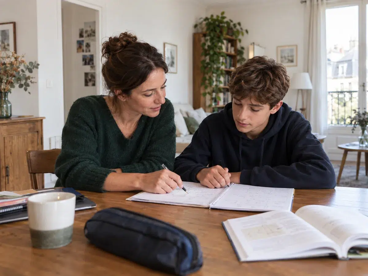 Illustration d’un cours particulier à domicile : une tutrice accompagne un collégien