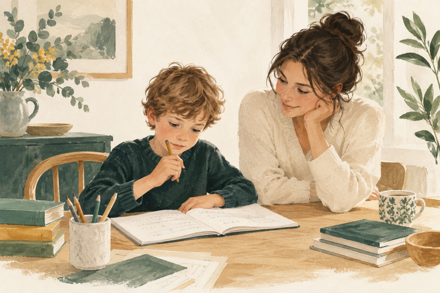 Illustration : un enfant du primaire travaille dans son cahier, accompagné par une adulte attentive.